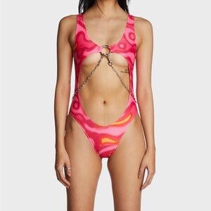 IVY BERLIN Pink Lava Cut Out Rave Bodysuit Trippy Print Chain Detail Open Back M
